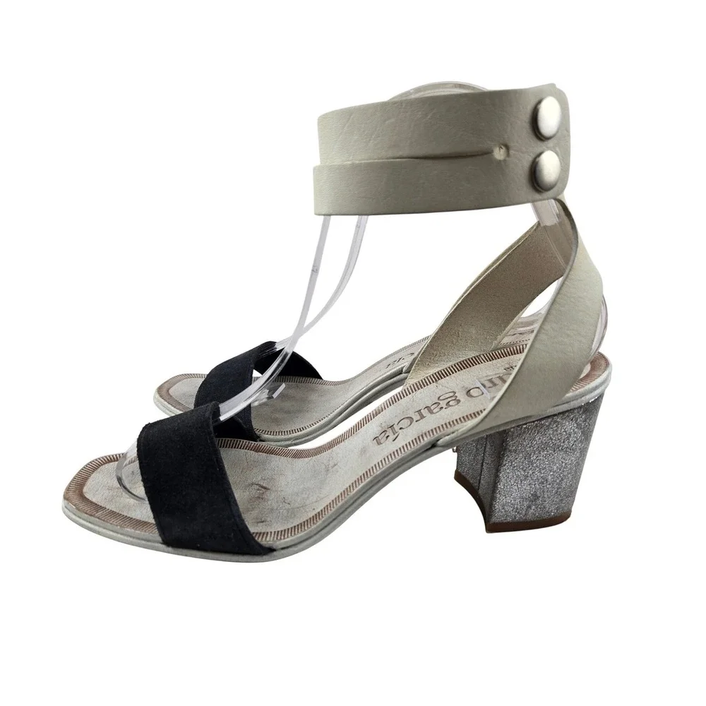Pedro Garcia Xola Sandals White Leather Black‎ Suede Silver Block Heel Size 37 7